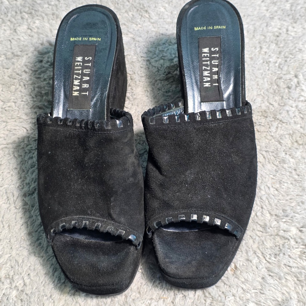 VTG Stuart Weitzman Wedge Sandals Black Suede Whipstitch Platform Women 7 M - Picture 2 of 6
